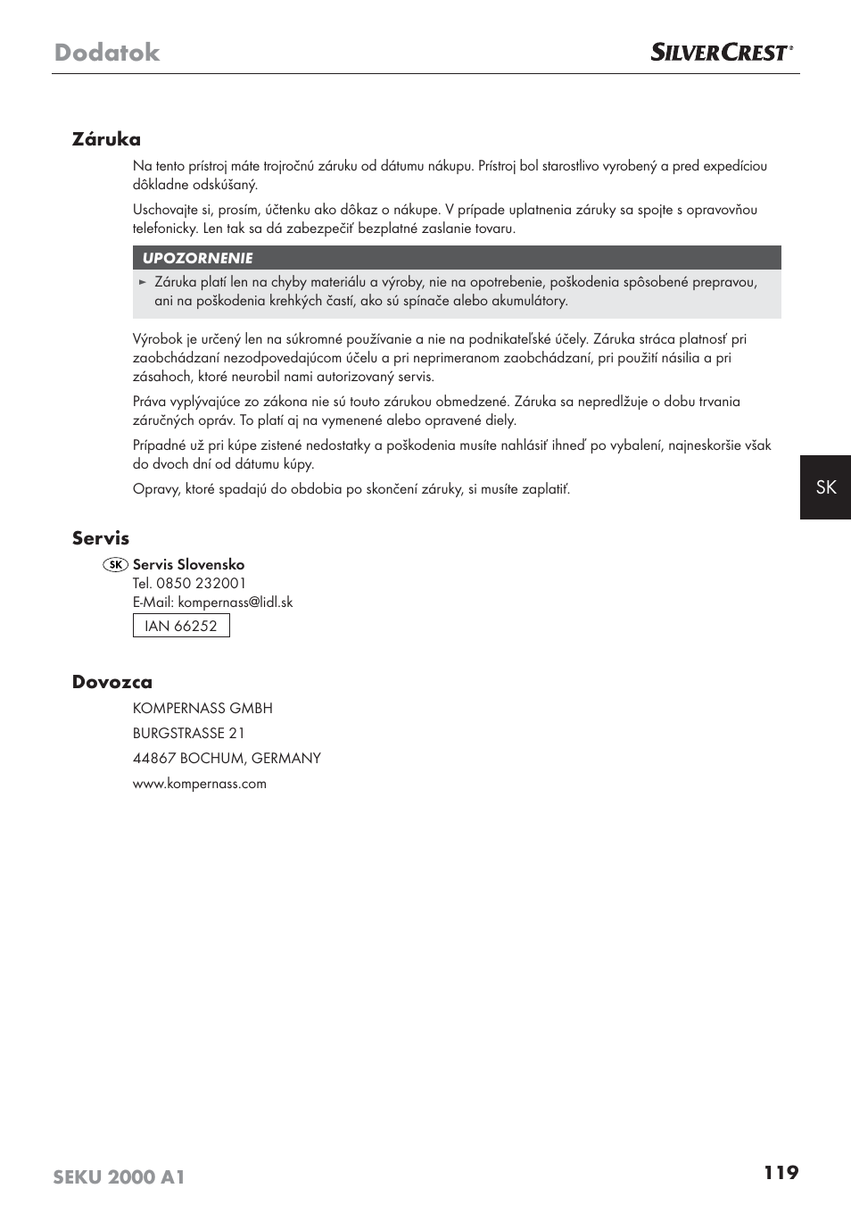 Dodatok, Servis, Dovozca | Silvercrest SEKU 2000 A1 User Manual | Page 120 / 141