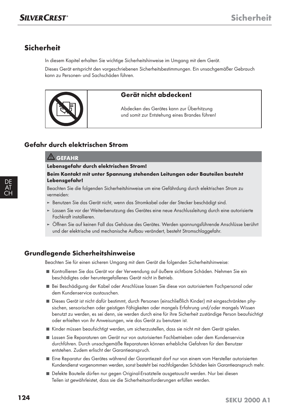 Sicherheit, Gerät nicht abdecken, Gefahr durch elektrischen strom | Grundlegende sicherheitshinweise | Silvercrest SEKU 2000 A1 User Manual | Page 125 / 141