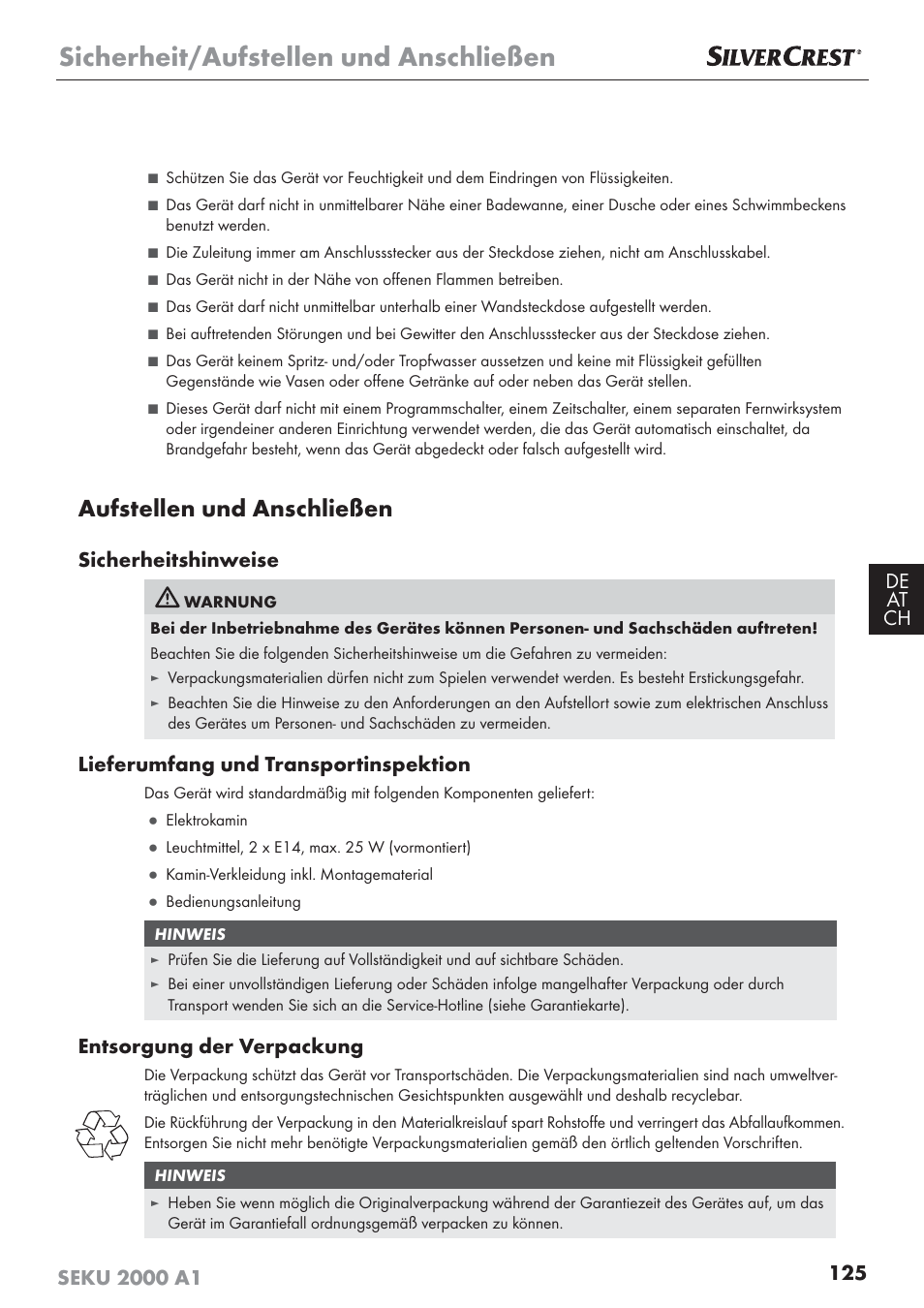 Sicherheit/aufstellen und anschließen, Aufstellen und anschließen, Sicherheitshinweise | Lieferumfang und transportinspektion, Entsorgung der verpackung | Silvercrest SEKU 2000 A1 User Manual | Page 126 / 141
