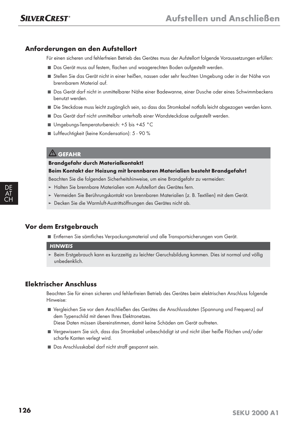 Aufstellen und anschließen, Vor dem erstgebrauch, Elektrischer anschluss | Silvercrest SEKU 2000 A1 User Manual | Page 127 / 141