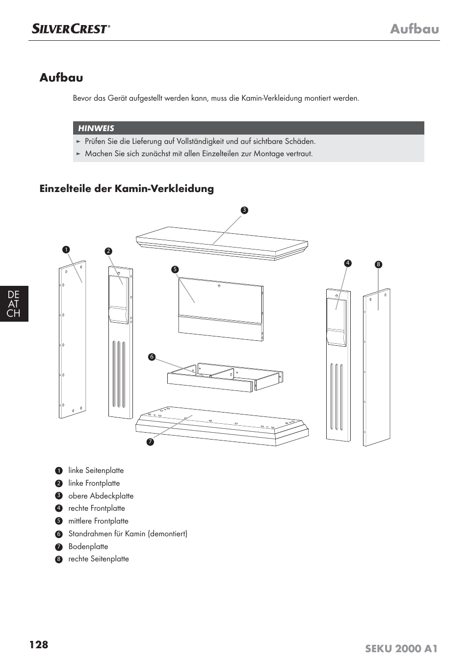 Aufbau, Einzelteile der kamin-verkleidung | Silvercrest SEKU 2000 A1 User Manual | Page 129 / 141