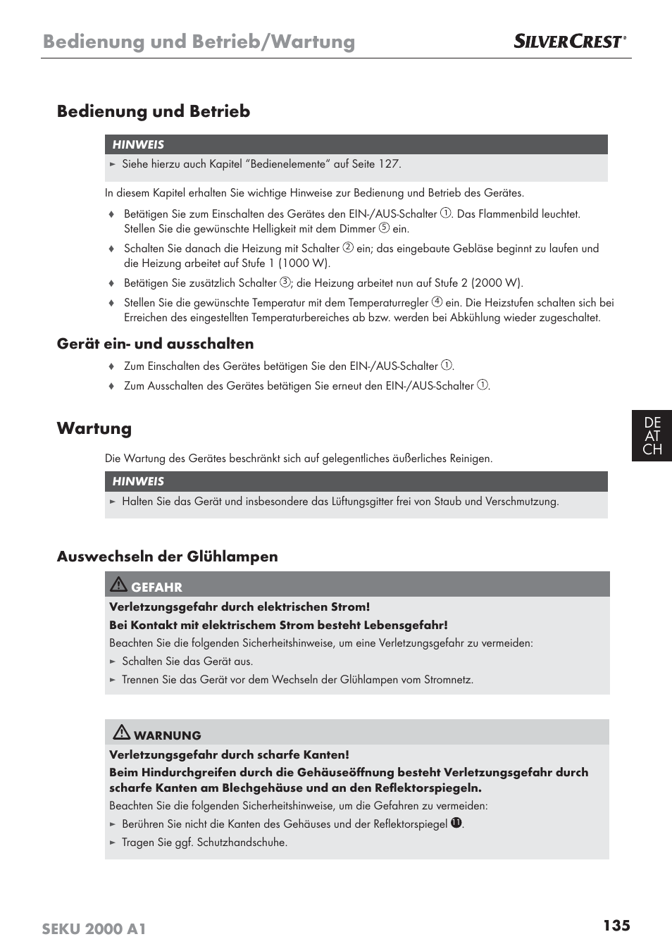 Bedienung und betrieb/wartung, Bedienung und betrieb, Wartung | Gerät ein- und ausschalten, Auswechseln der glühlampen | Silvercrest SEKU 2000 A1 User Manual | Page 136 / 141