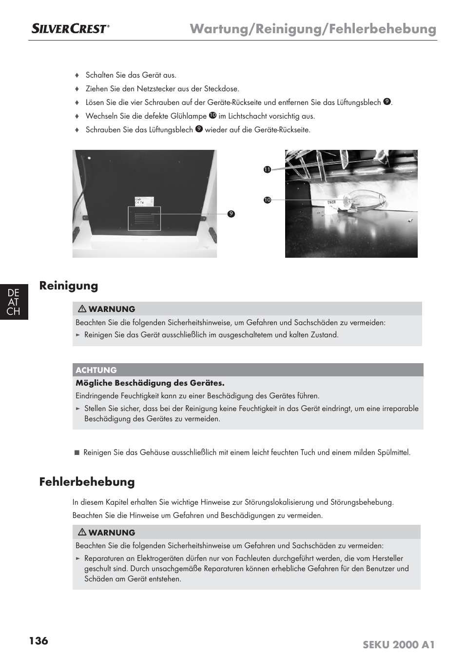 Wartung/reinigung/fehlerbehebung, Reinigung, Fehlerbehebung | Silvercrest SEKU 2000 A1 User Manual | Page 137 / 141