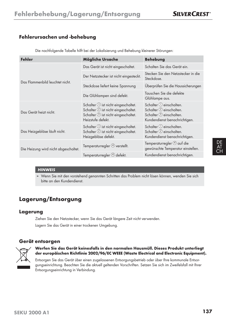 Fehlerbehebung/lagerung/entsorgung, Lagerung/entsorgung, Lagerung | Gerät entsorgen | Silvercrest SEKU 2000 A1 User Manual | Page 138 / 141