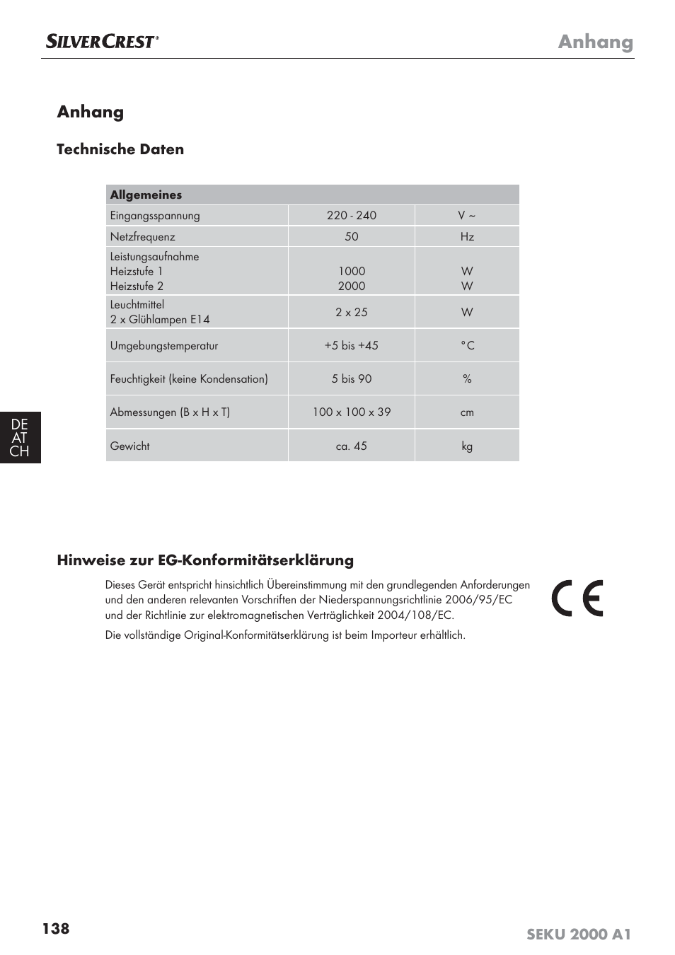 Anhang, Technische daten, Hinweise zur eg-konformitätserklärung | Silvercrest SEKU 2000 A1 User Manual | Page 139 / 141