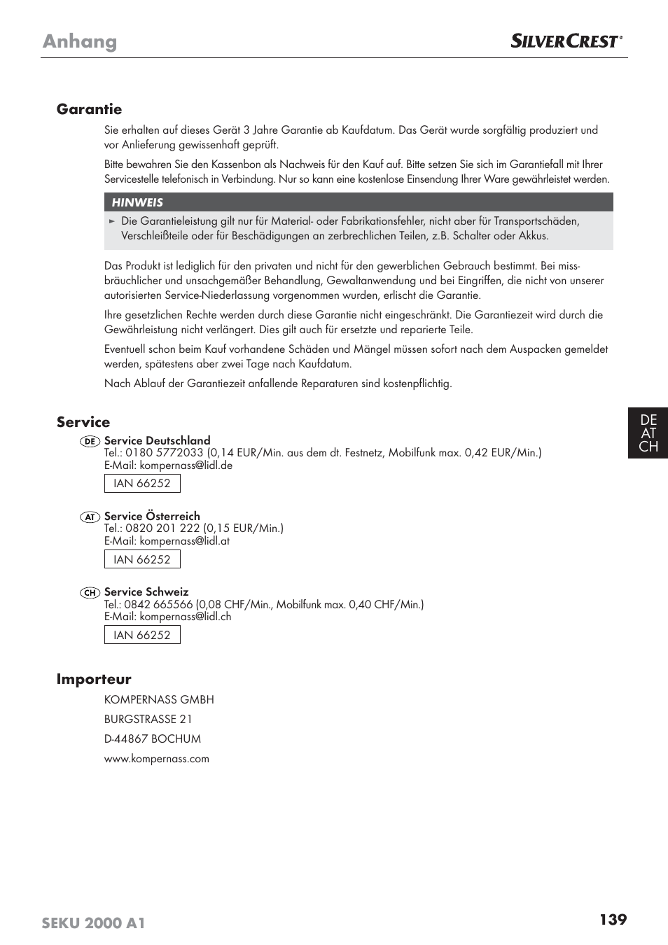 Anhang, Service, Importeur | Silvercrest SEKU 2000 A1 User Manual | Page 140 / 141