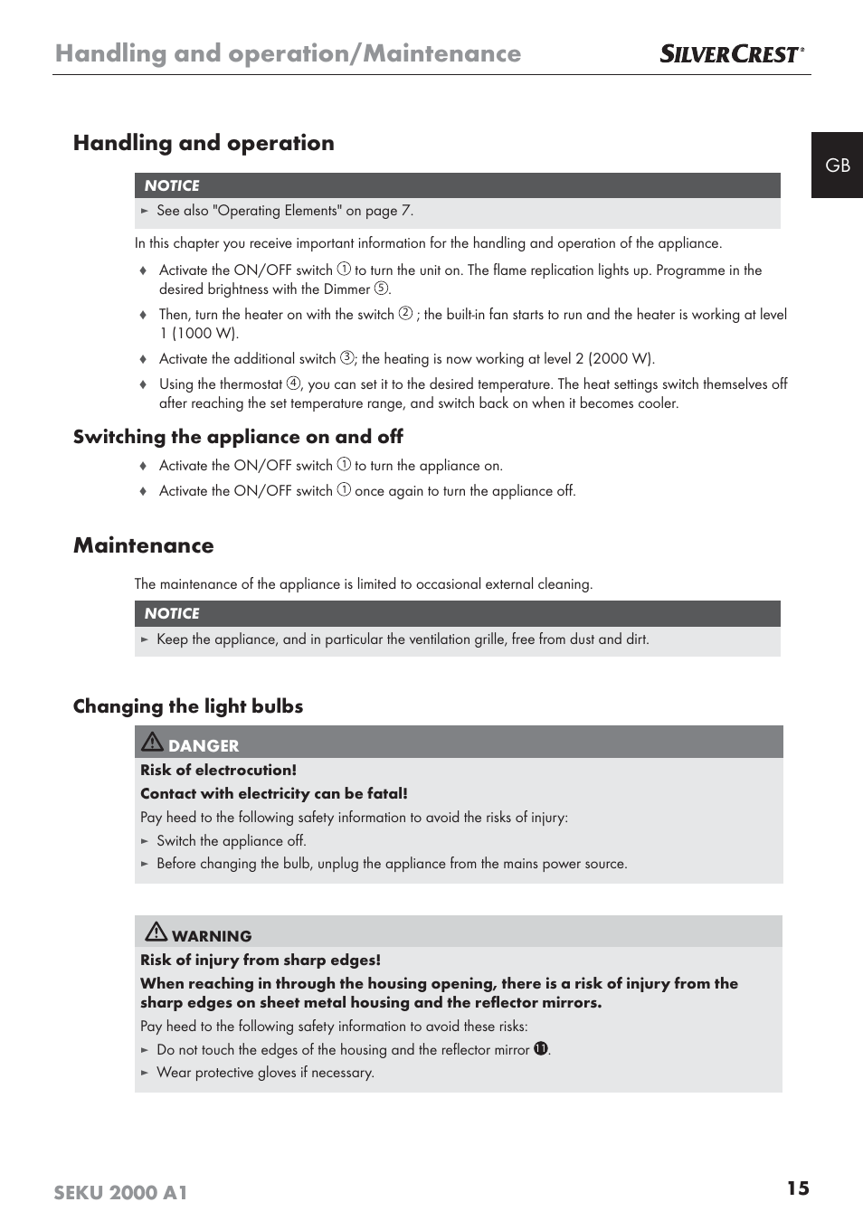 Handling and operation/maintenance, Handling and operation, Maintenance | Switching the appliance on and oﬀ, Changing the light bulbs | Silvercrest SEKU 2000 A1 User Manual | Page 16 / 141