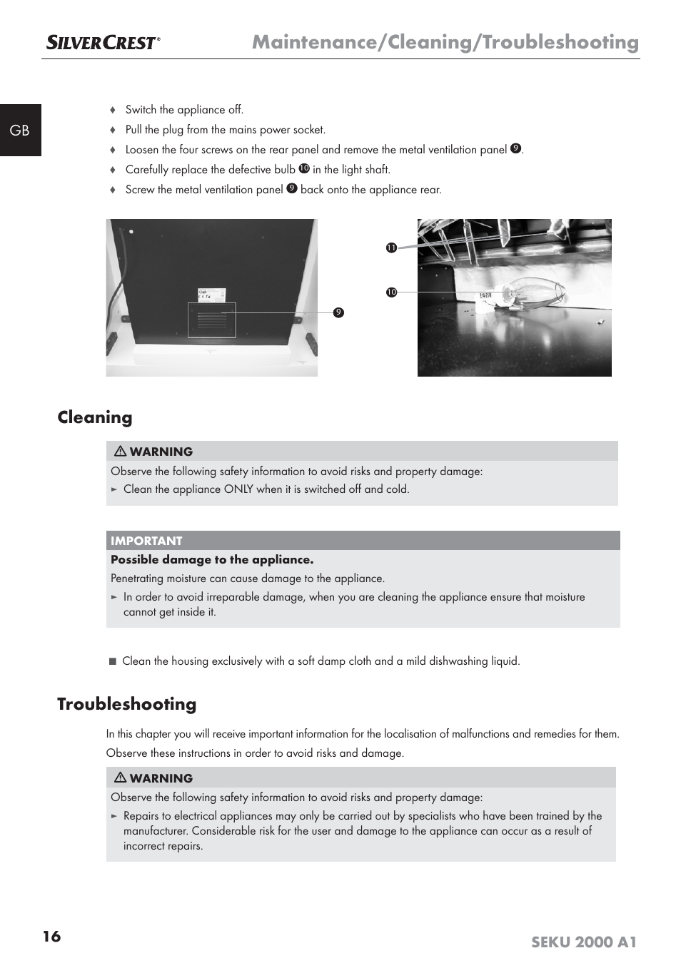 Maintenance/cleaning/troubleshooting, Cleaning, Troubleshooting | Silvercrest SEKU 2000 A1 User Manual | Page 17 / 141