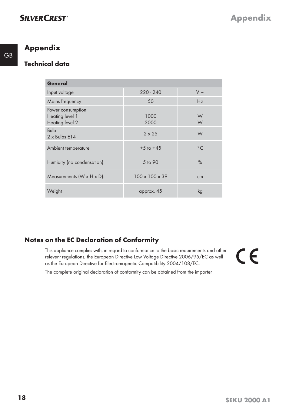 Appendix, Technical data | Silvercrest SEKU 2000 A1 User Manual | Page 19 / 141
