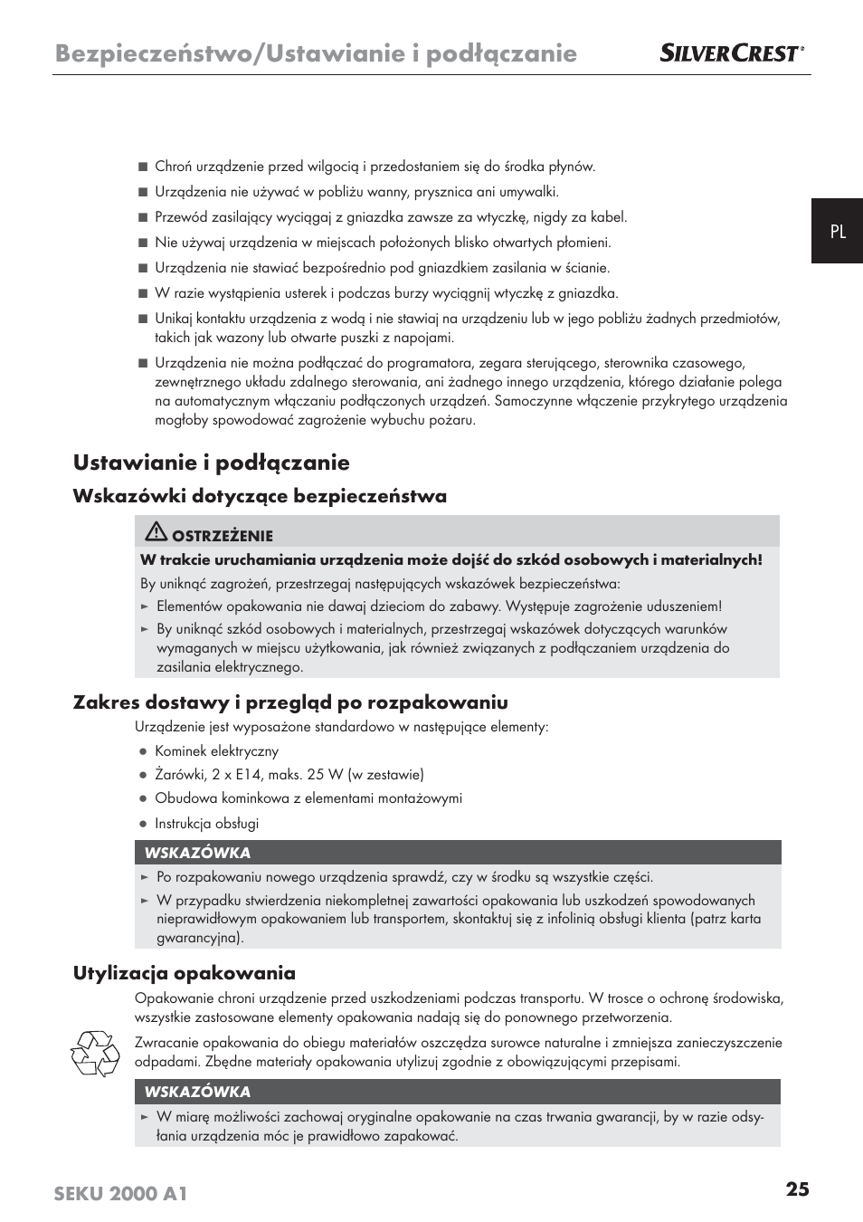 Bezpieczeństwo/ustawianie i podłączanie, Ustawianie i podłączanie, Wskazówki dotyczące bezpieczeństwa | Zakres dostawy i przegląd po rozpakowaniu, Utylizacja opakowania | Silvercrest SEKU 2000 A1 User Manual | Page 26 / 141