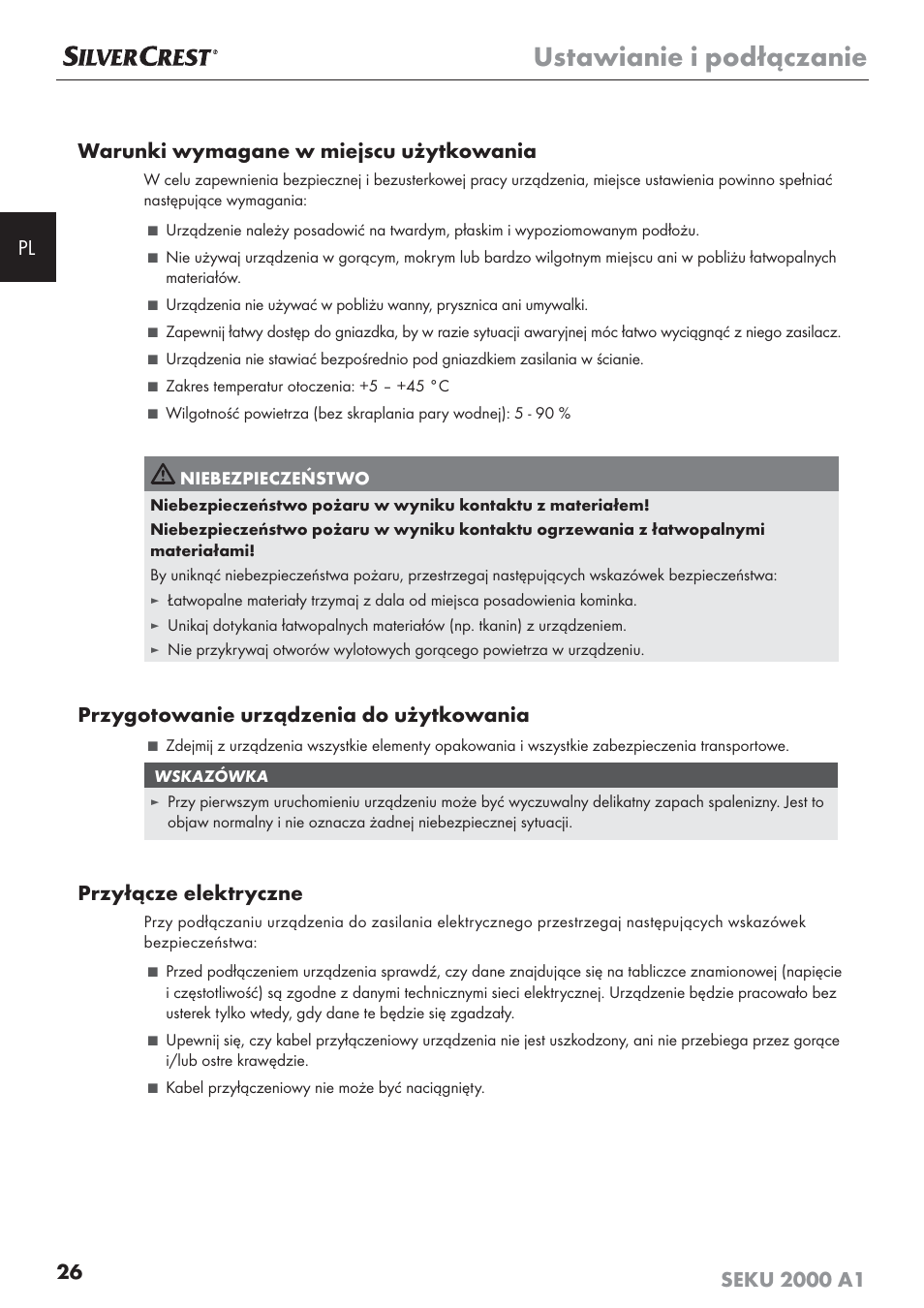 Ustawianie i podłączanie, Przygotowanie urządzenia do użytkowania, Przyłącze elektryczne | Silvercrest SEKU 2000 A1 User Manual | Page 27 / 141