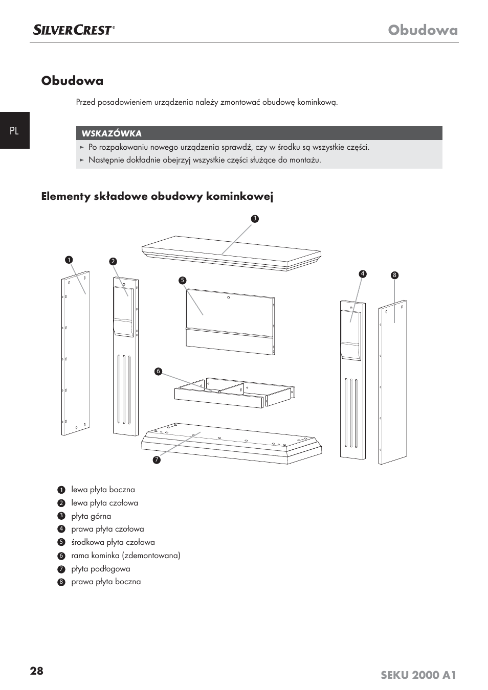Obudowa, Elementy składowe obudowy kominkowej | Silvercrest SEKU 2000 A1 User Manual | Page 29 / 141
