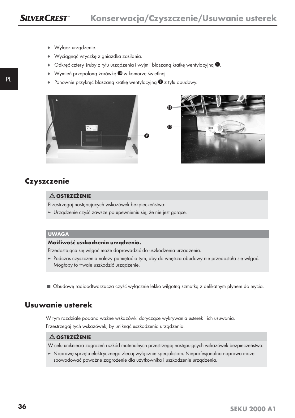Konserwacja/czyszczenie/usuwanie usterek, Czyszczenie, Usuwanie usterek | Silvercrest SEKU 2000 A1 User Manual | Page 37 / 141