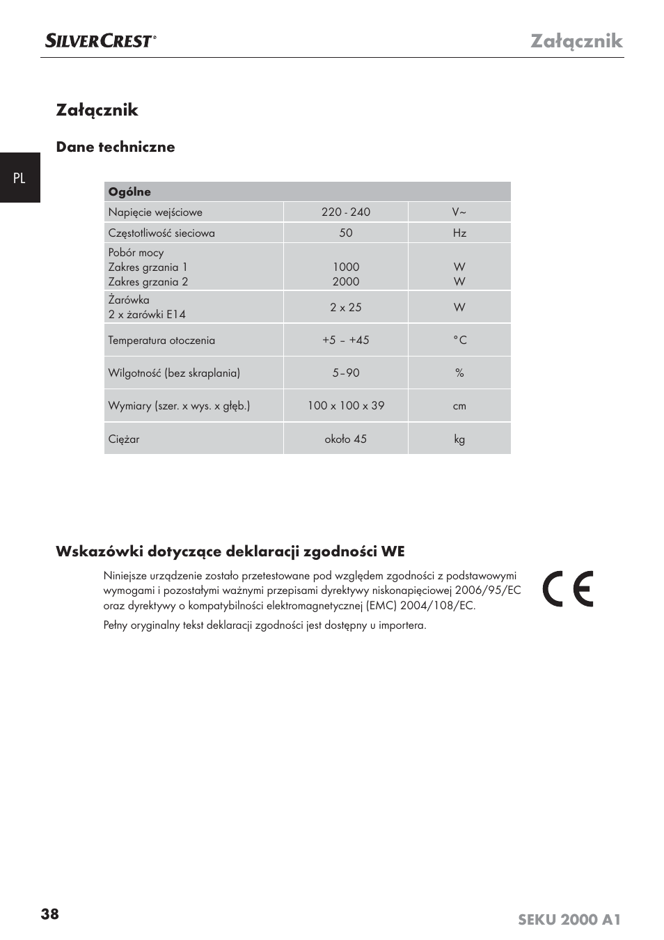 Załącznik, Dane techniczne, Wskazówki dotyczące deklaracji zgodności we | Silvercrest SEKU 2000 A1 User Manual | Page 39 / 141