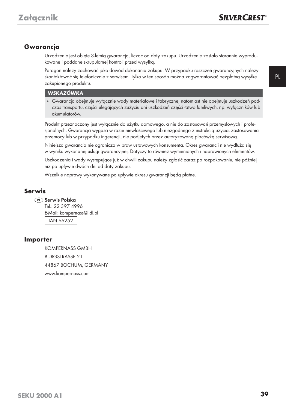 Załącznik, Serwis, Importer | Silvercrest SEKU 2000 A1 User Manual | Page 40 / 141