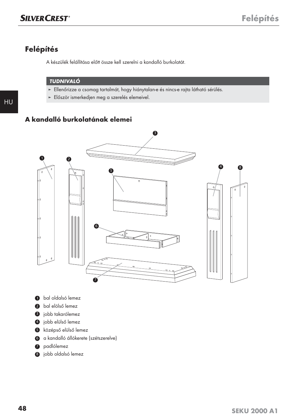 Felépítés, A kandalló burkolatának elemei | Silvercrest SEKU 2000 A1 User Manual | Page 49 / 141