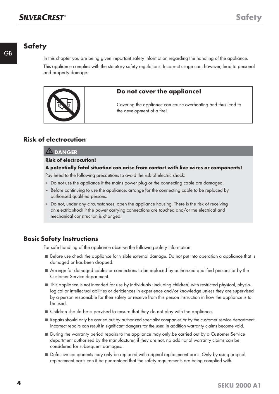 Safety, Do not cover the appliance, Risk of electrocution | Basic safety instructions | Silvercrest SEKU 2000 A1 User Manual | Page 5 / 141