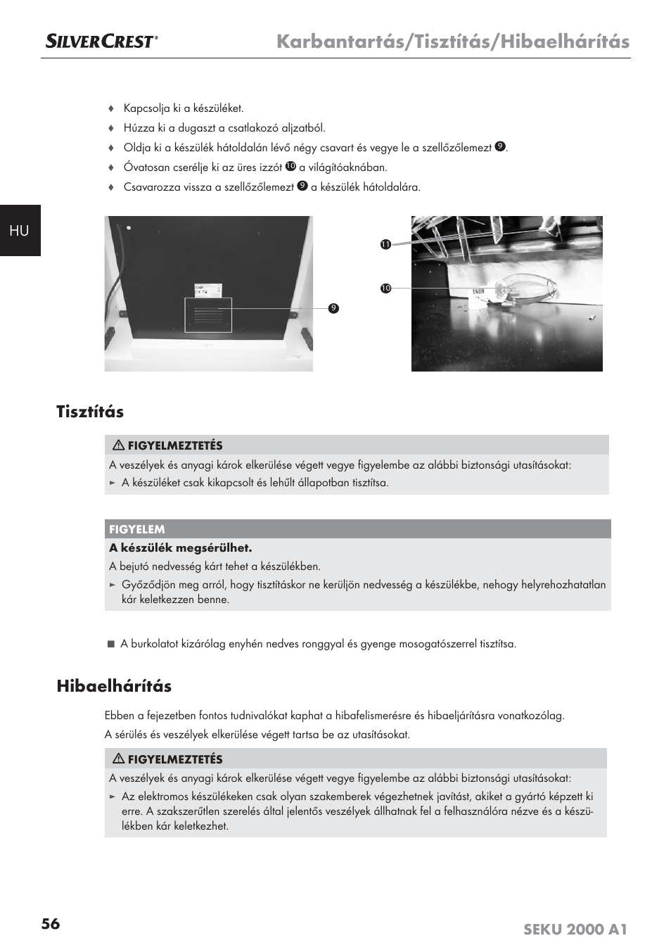 Karbantartás/tisztítás/hibaelhárítás, Tisztítás, Hibaelhárítás | Silvercrest SEKU 2000 A1 User Manual | Page 57 / 141