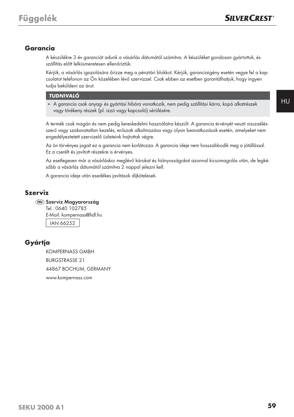 Függelék, Szerviz, Gyártja | Silvercrest SEKU 2000 A1 User Manual | Page 60 / 141