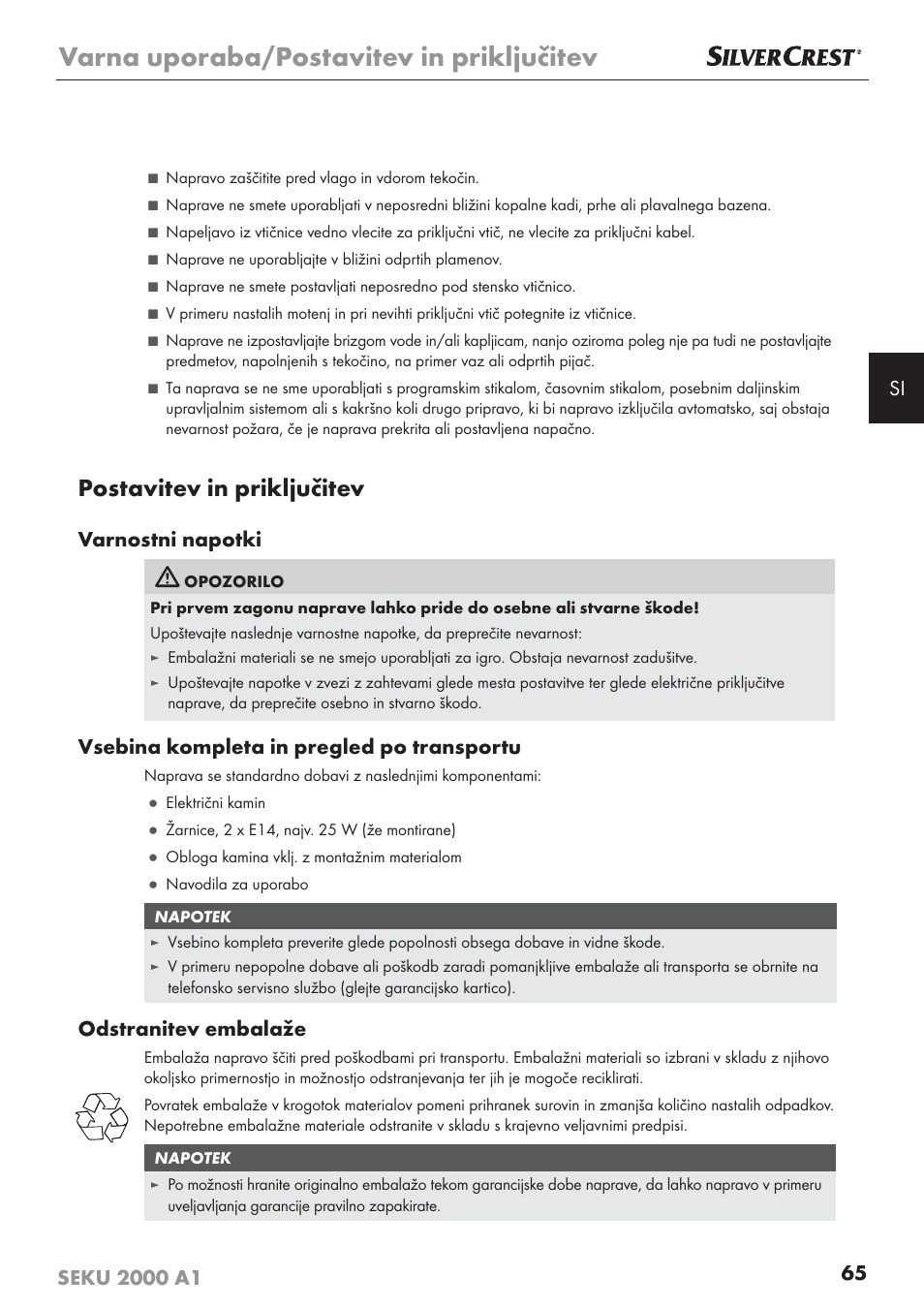 Varna uporaba/postavitev in priključitev, Postavitev in priključitev, Varnostni napotki | Vsebina kompleta in pregled po transportu, Odstranitev embalaže | Silvercrest SEKU 2000 A1 User Manual | Page 66 / 141