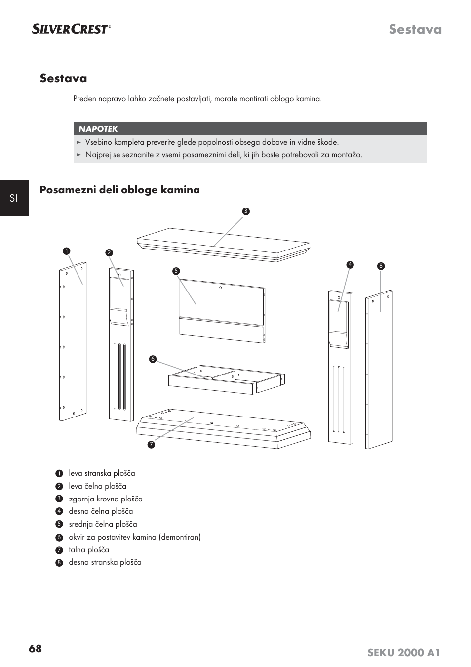 Sestava, Posamezni deli obloge kamina | Silvercrest SEKU 2000 A1 User Manual | Page 69 / 141