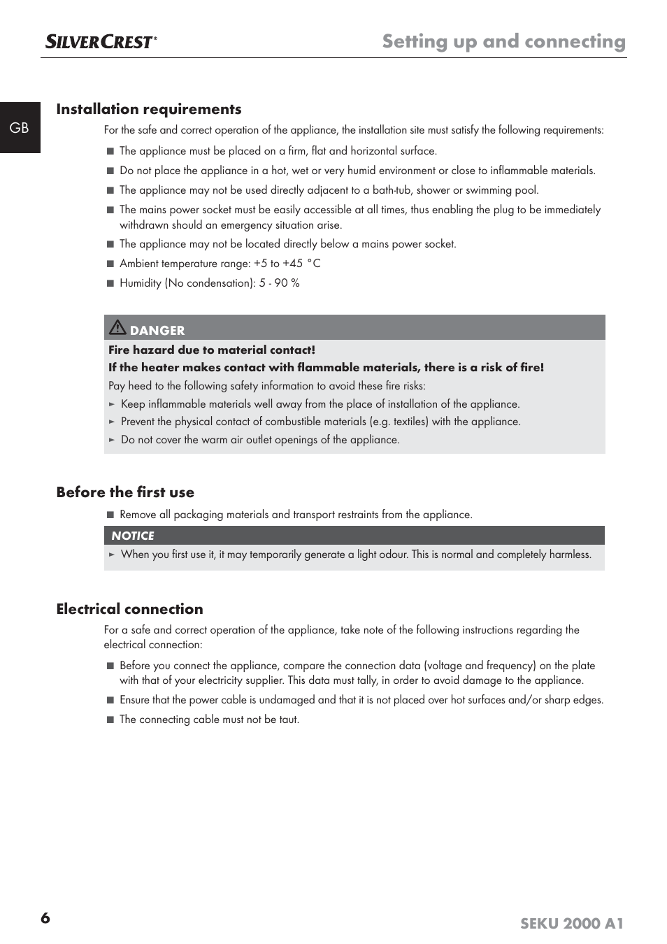 Setting up and connecting, Before the ﬁ rst use, Electrical connection | Silvercrest SEKU 2000 A1 User Manual | Page 7 / 141
