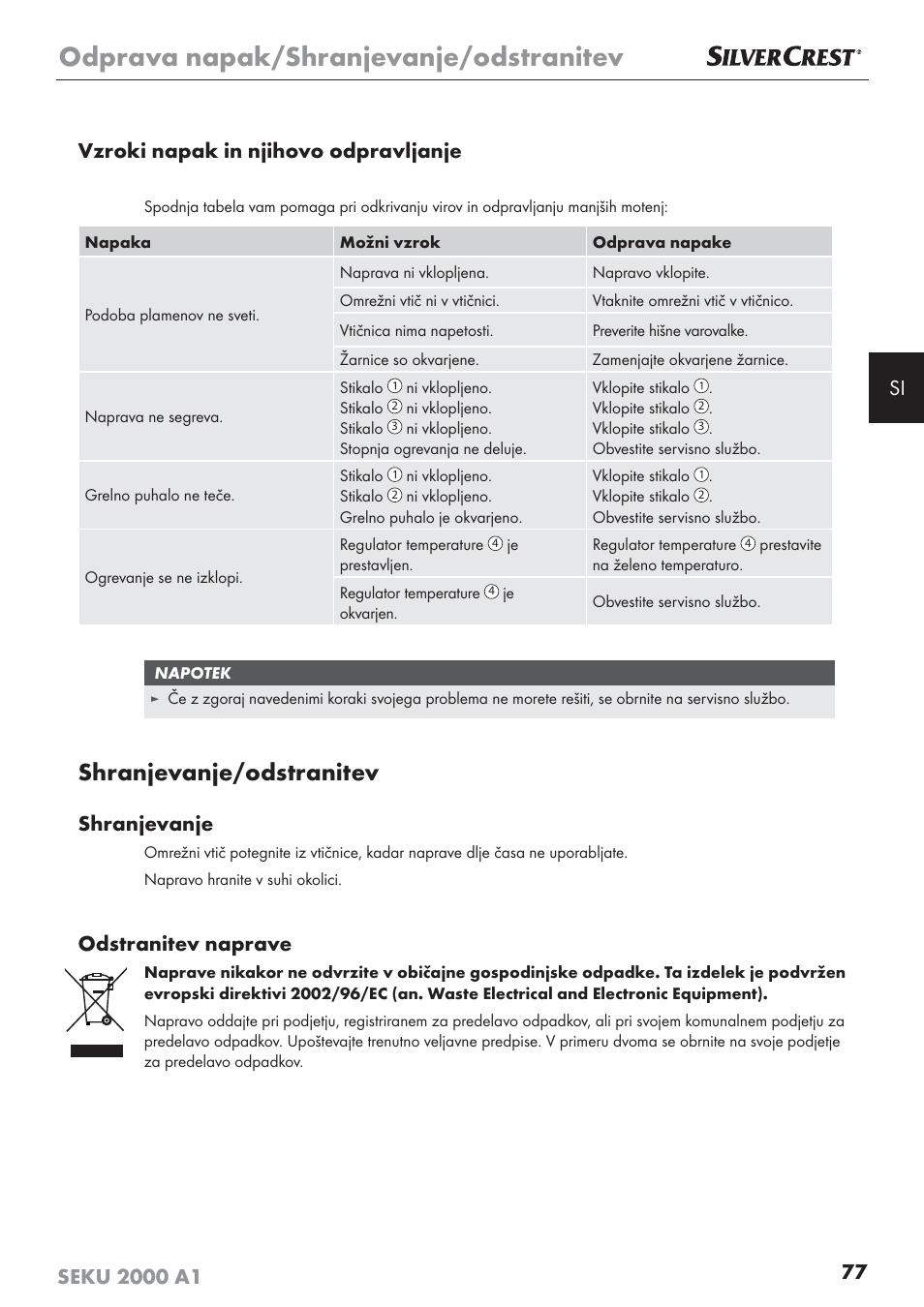 Odprava napak/shranjevanje/odstranitev, Shranjevanje/odstranitev, Shranjevanje | Odstranitev naprave | Silvercrest SEKU 2000 A1 User Manual | Page 78 / 141