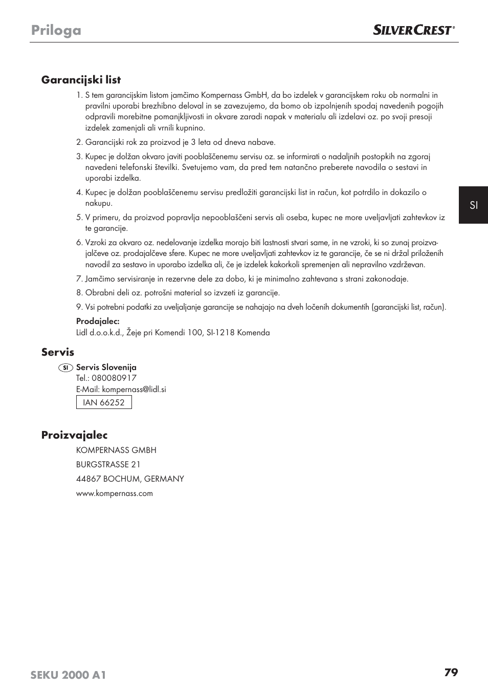 Priloga, Servis, Proizvajalec | Silvercrest SEKU 2000 A1 User Manual | Page 80 / 141