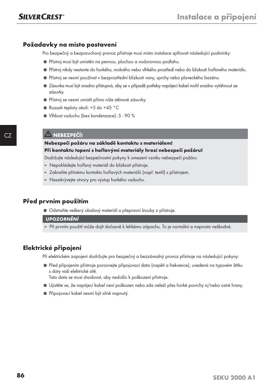 Instalace a připojení, Před prvním použitím, Elektrické připojení | Silvercrest SEKU 2000 A1 User Manual | Page 87 / 141