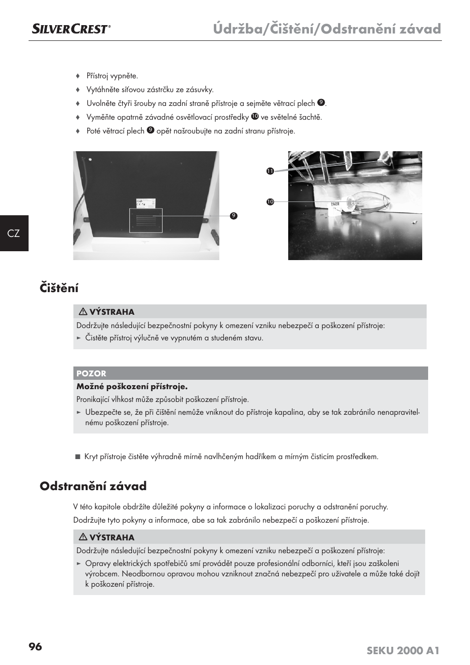 Údržba/čištění/odstranění závad, Čištění, Odstranění závad | Silvercrest SEKU 2000 A1 User Manual | Page 97 / 141