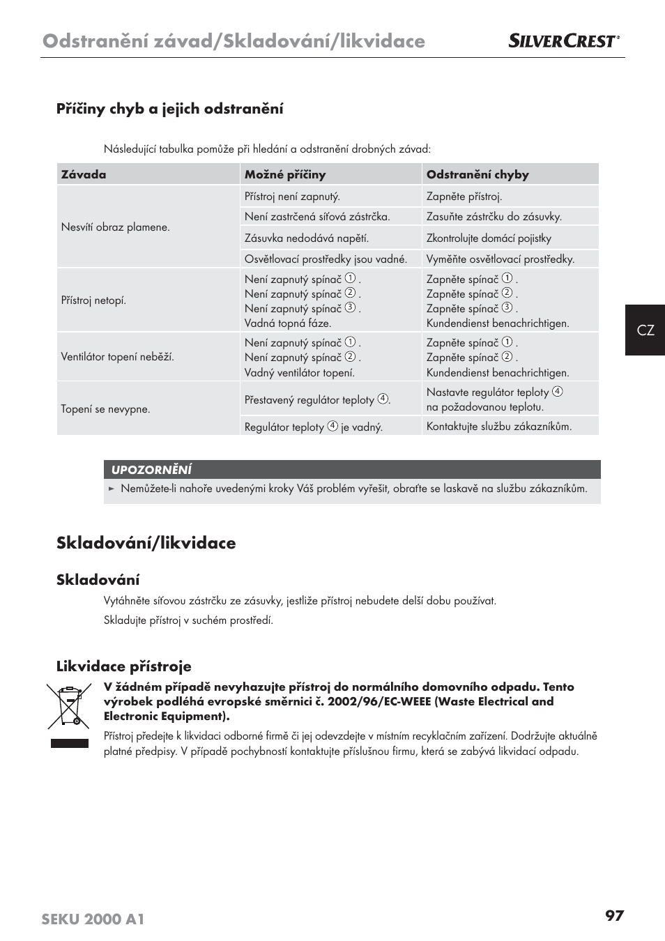 Odstranění závad/skladování/likvidace, Skladování/likvidace, Skladování | Likvidace přístroje | Silvercrest SEKU 2000 A1 User Manual | Page 98 / 141