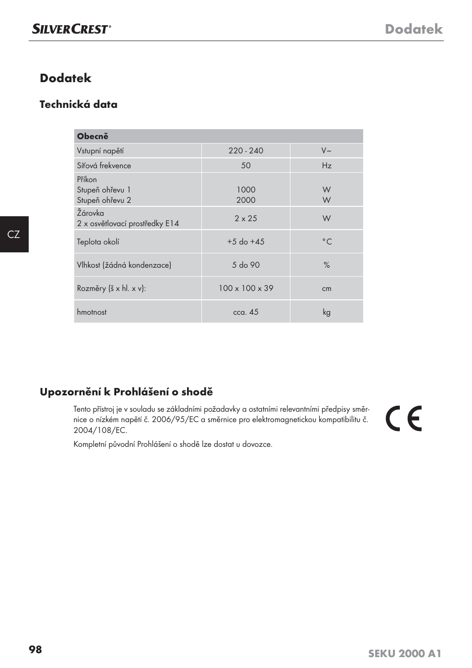 Dodatek, Technická data, Upozornění k prohlášení o shodě | Silvercrest SEKU 2000 A1 User Manual | Page 99 / 141