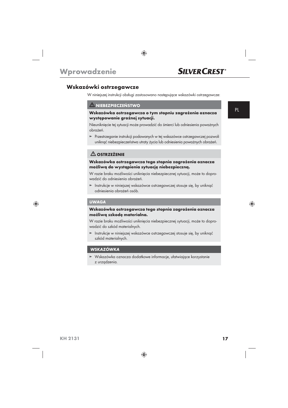 Wprowadzenie, Wskazówki ostrzegawcze | Silvercrest KH 2131 User Manual | Page 19 / 86
