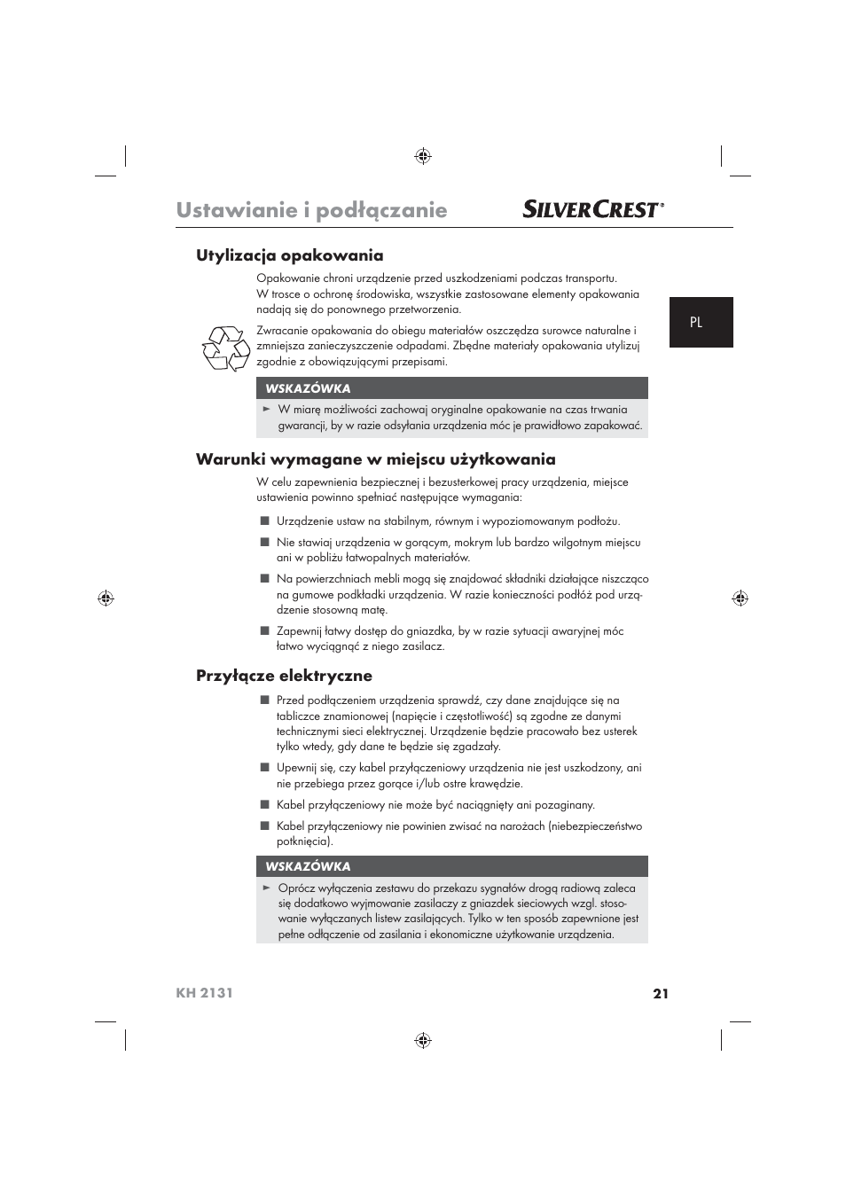 Ustawianie i podłączanie, Utylizacja opakowania, Warunki wymagane w miejscu użytkowania | Przyłącze elektryczne | Silvercrest KH 2131 User Manual | Page 23 / 86