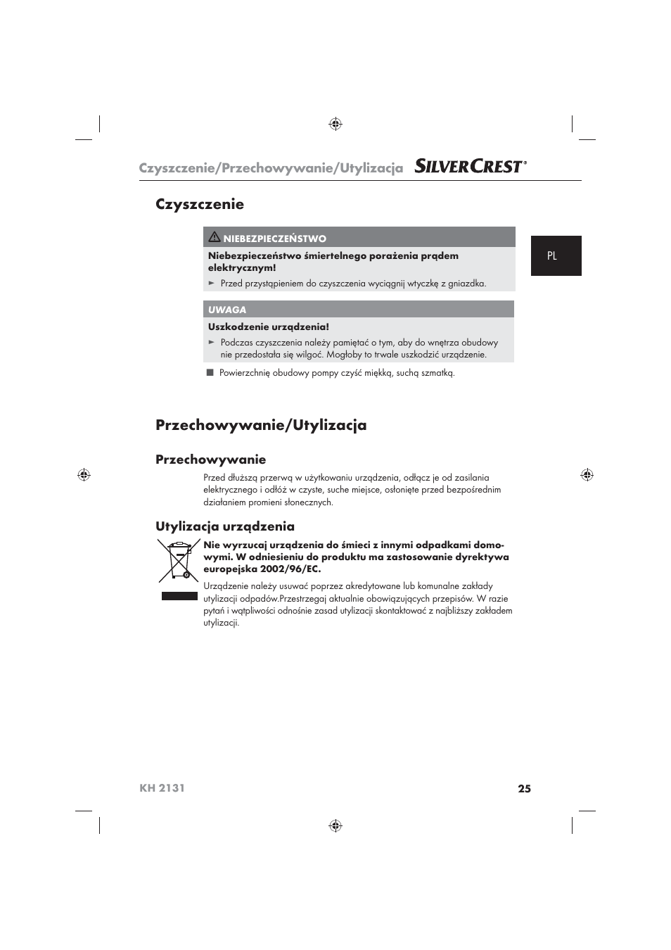 Czyszczenie, Przechowywanie/utylizacja, Czyszczenie/przechowywanie/utylizacja | Przechowywanie, Utylizacja urządzenia | Silvercrest KH 2131 User Manual | Page 27 / 86