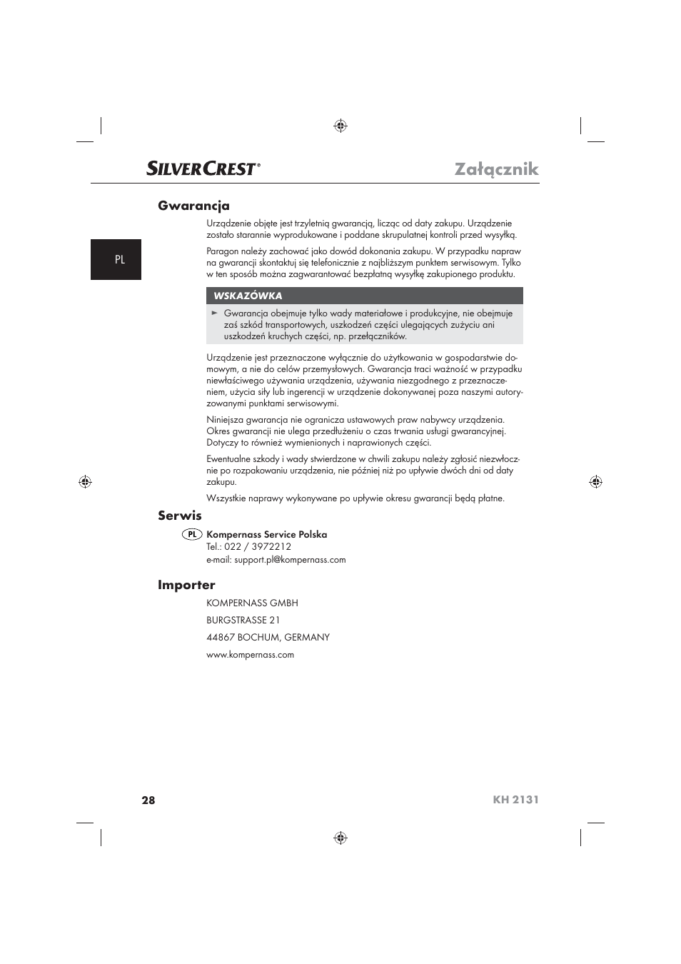 Załącznik, Gwarancja, Serwis | Importer | Silvercrest KH 2131 User Manual | Page 30 / 86