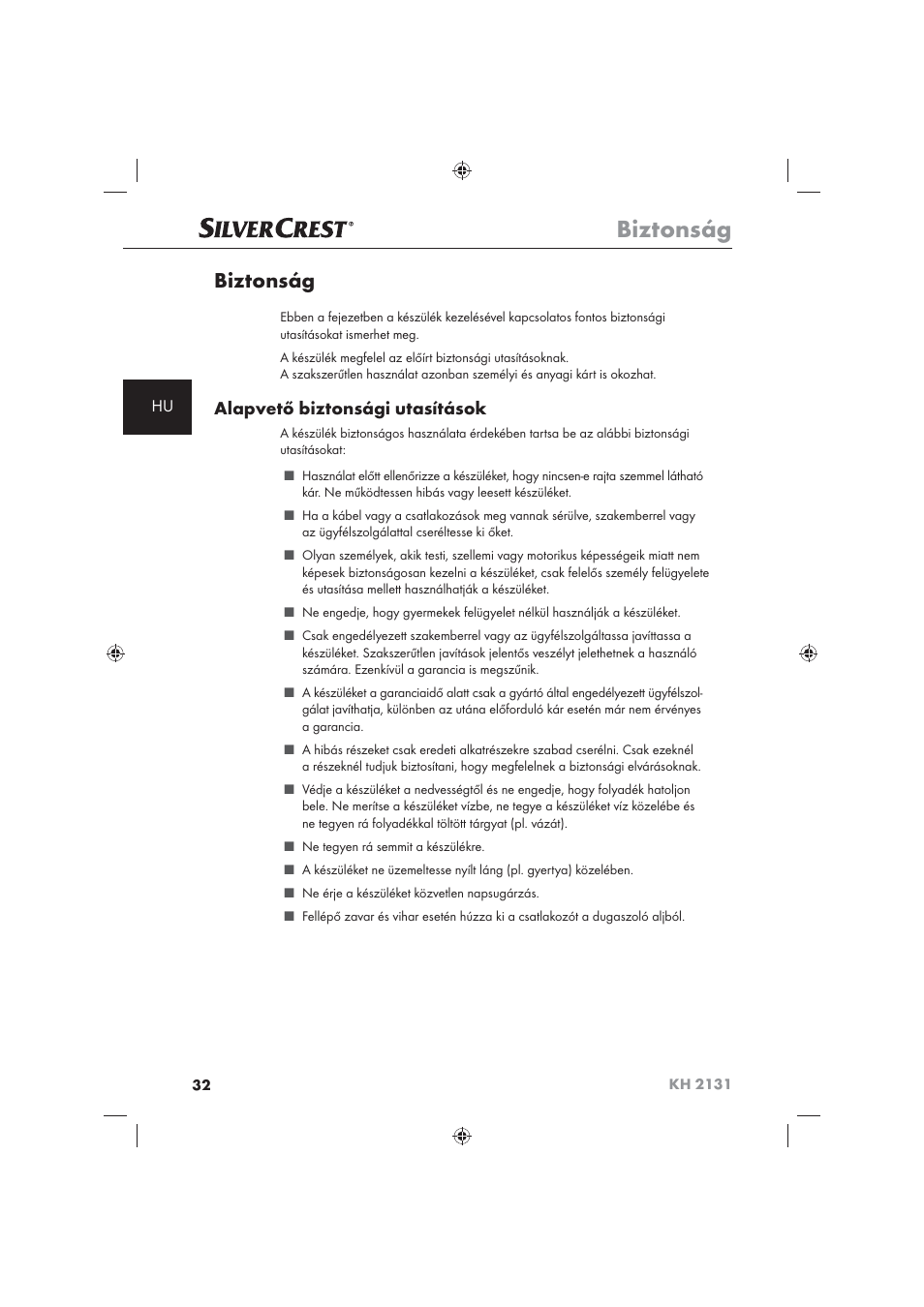 Biztonság, Alapvető biztonsági utasítások | Silvercrest KH 2131 User Manual | Page 34 / 86
