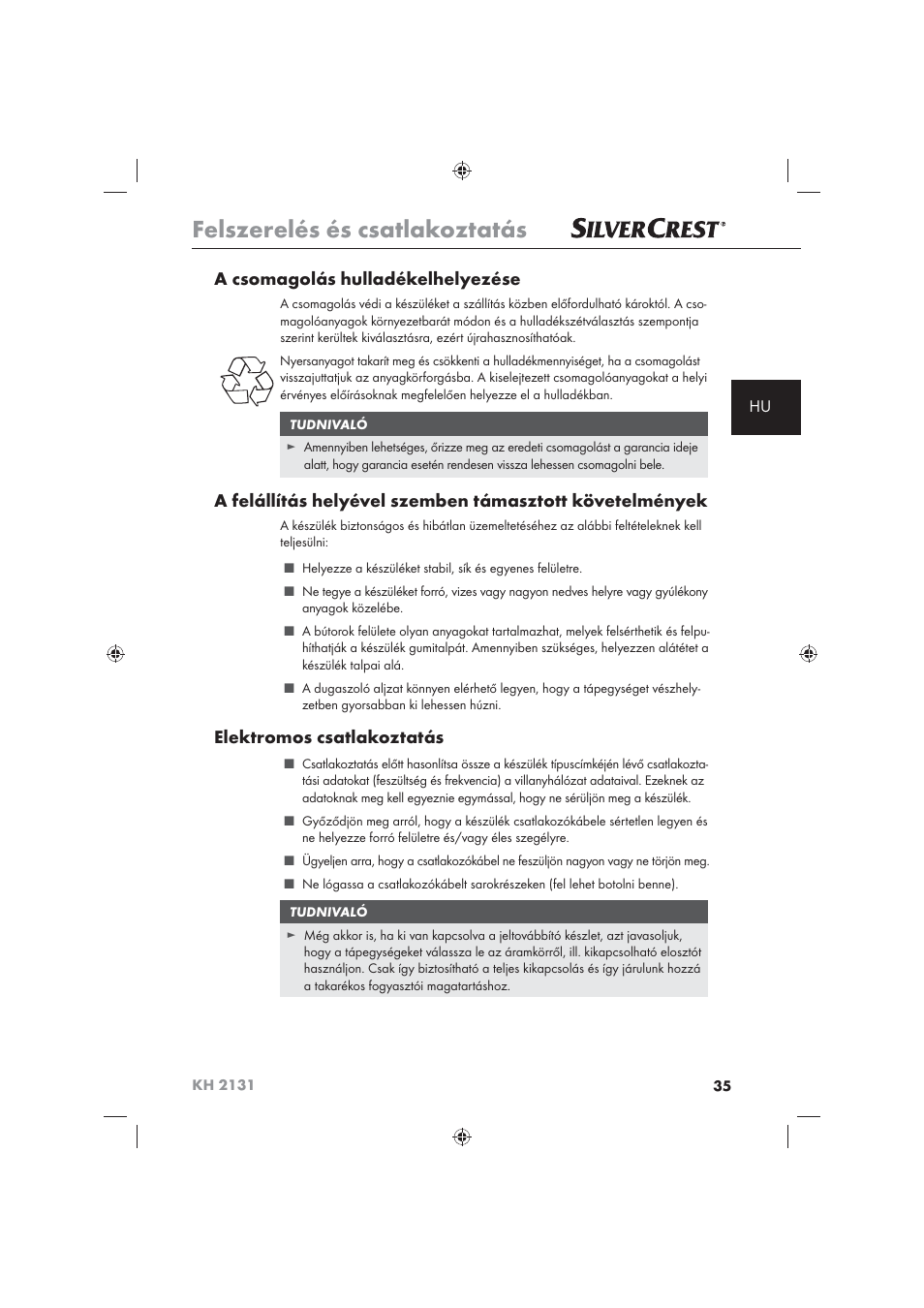 Felszerelés és csatlakoztatás, A csomagolás hulladékelhelyezése, Elektromos csatlakoztatás | Silvercrest KH 2131 User Manual | Page 37 / 86