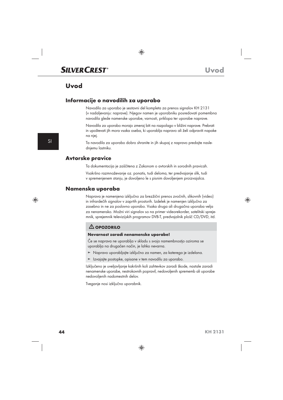 Uvod, Informacije o navodilih za uporabo, Avtorske pravice | Namenska uporaba | Silvercrest KH 2131 User Manual | Page 46 / 86