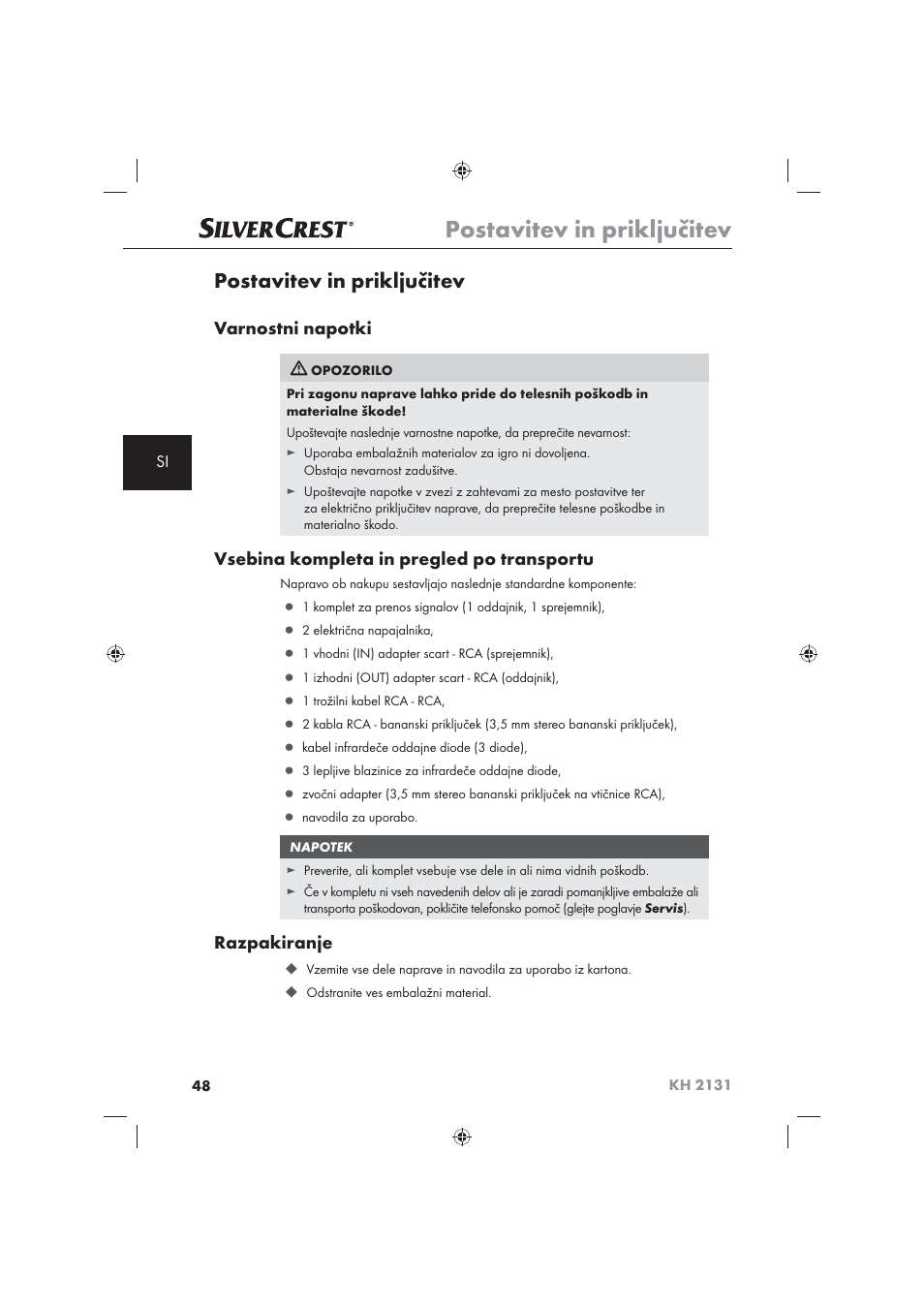 Postavitev in priključitev, Varnostni napotki, Vsebina kompleta in pregled po transportu | Razpakiranje | Silvercrest KH 2131 User Manual | Page 50 / 86