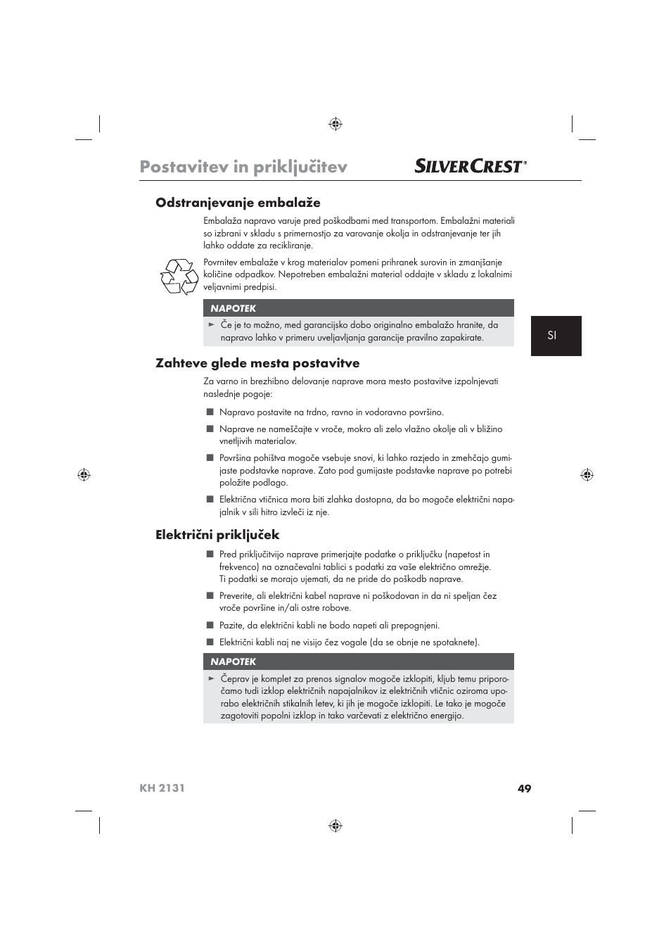 Postavitev in priključitev, Odstranjevanje embalaže, Zahteve glede mesta postavitve | Električni priključek | Silvercrest KH 2131 User Manual | Page 51 / 86