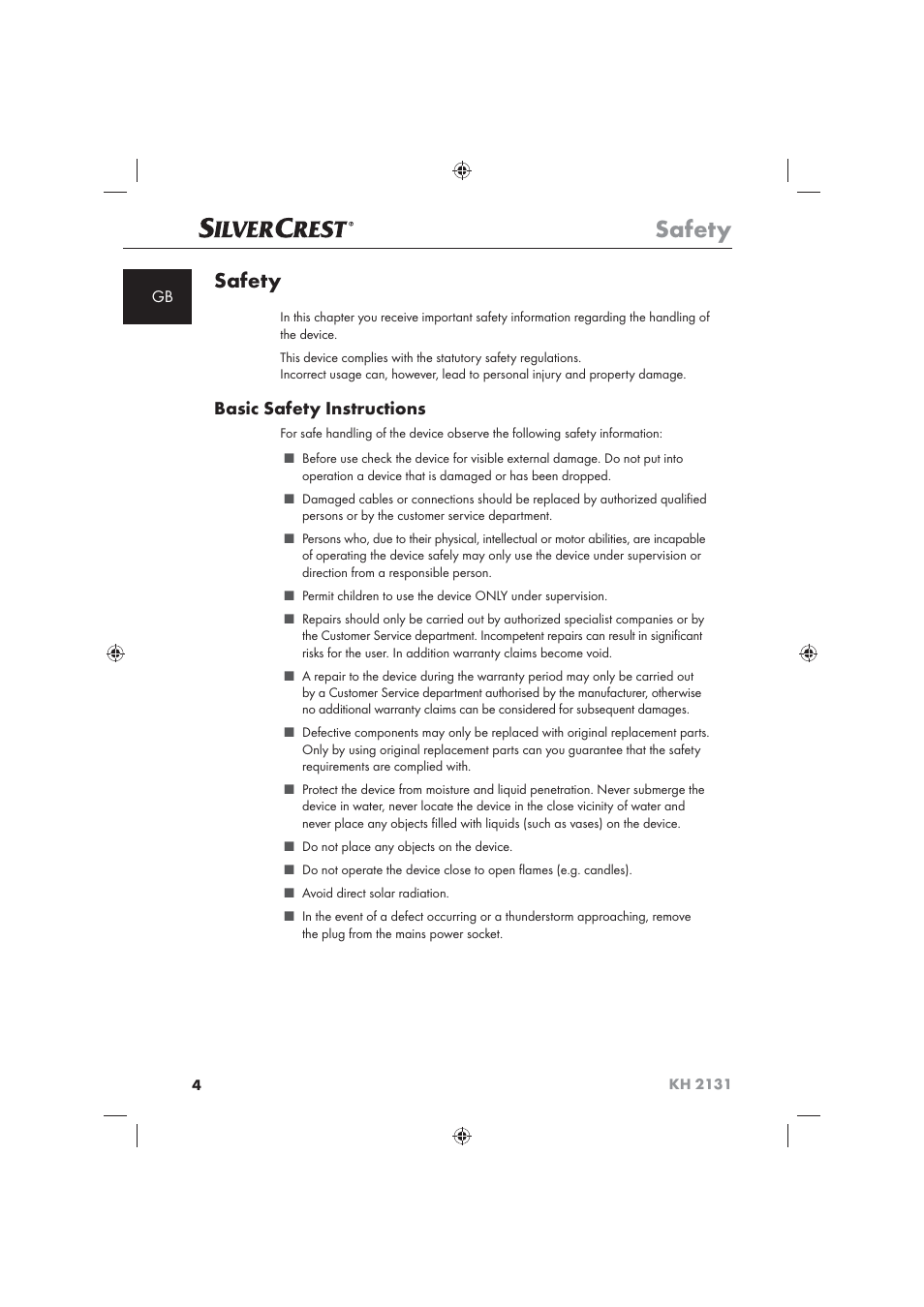 Safety, Basic safety instructions | Silvercrest KH 2131 User Manual | Page 6 / 86