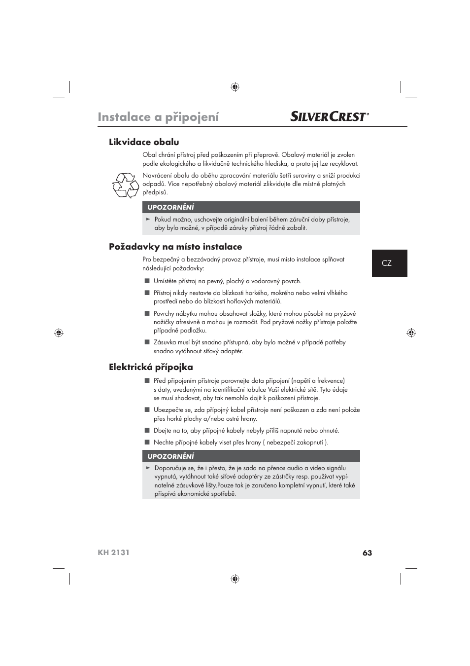 Instalace a připojení, Likvidace obalu, Požadavky na místo instalace | Elektrická přípojka | Silvercrest KH 2131 User Manual | Page 65 / 86