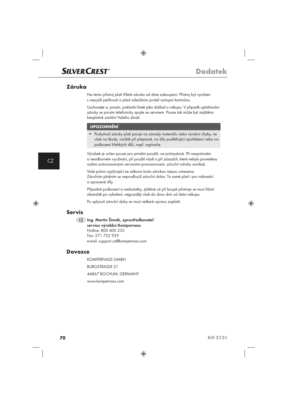 Dodatek, Záruka, Servis | Dovozce | Silvercrest KH 2131 User Manual | Page 72 / 86
