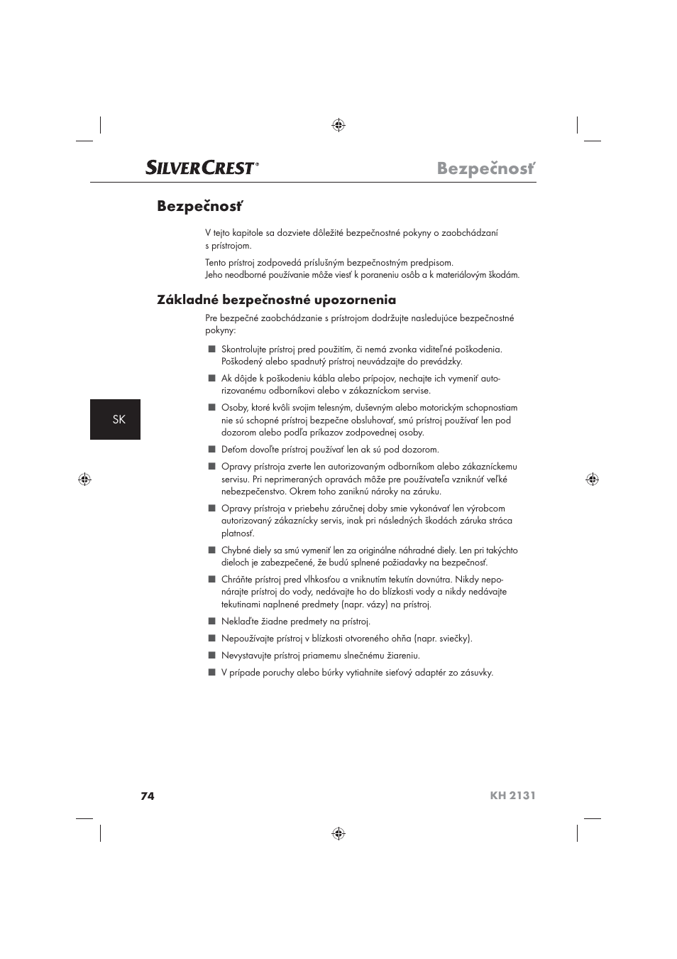 Bezpečnosť, Základné bezpečnostné upozornenia | Silvercrest KH 2131 User Manual | Page 76 / 86