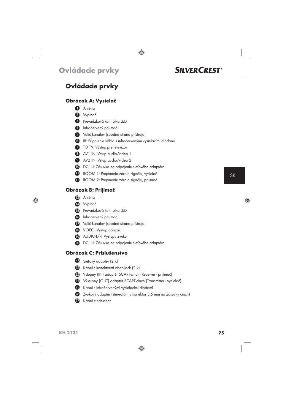 Ovládacie prvky, Obrázok a: vysielač, Obrázok b: prijímač | Obrázok c: príslušenstvo | Silvercrest KH 2131 User Manual | Page 77 / 86