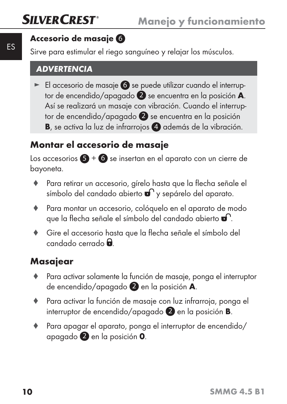 Manejo y funcionamiento, Montar el accesorio de masaje, Masajear | Silvercrest SMMG 4.5 B1 User Manual | Page 12 / 66