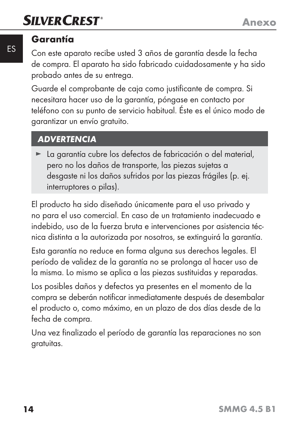 Anexo, Garantía | Silvercrest SMMG 4.5 B1 User Manual | Page 16 / 66