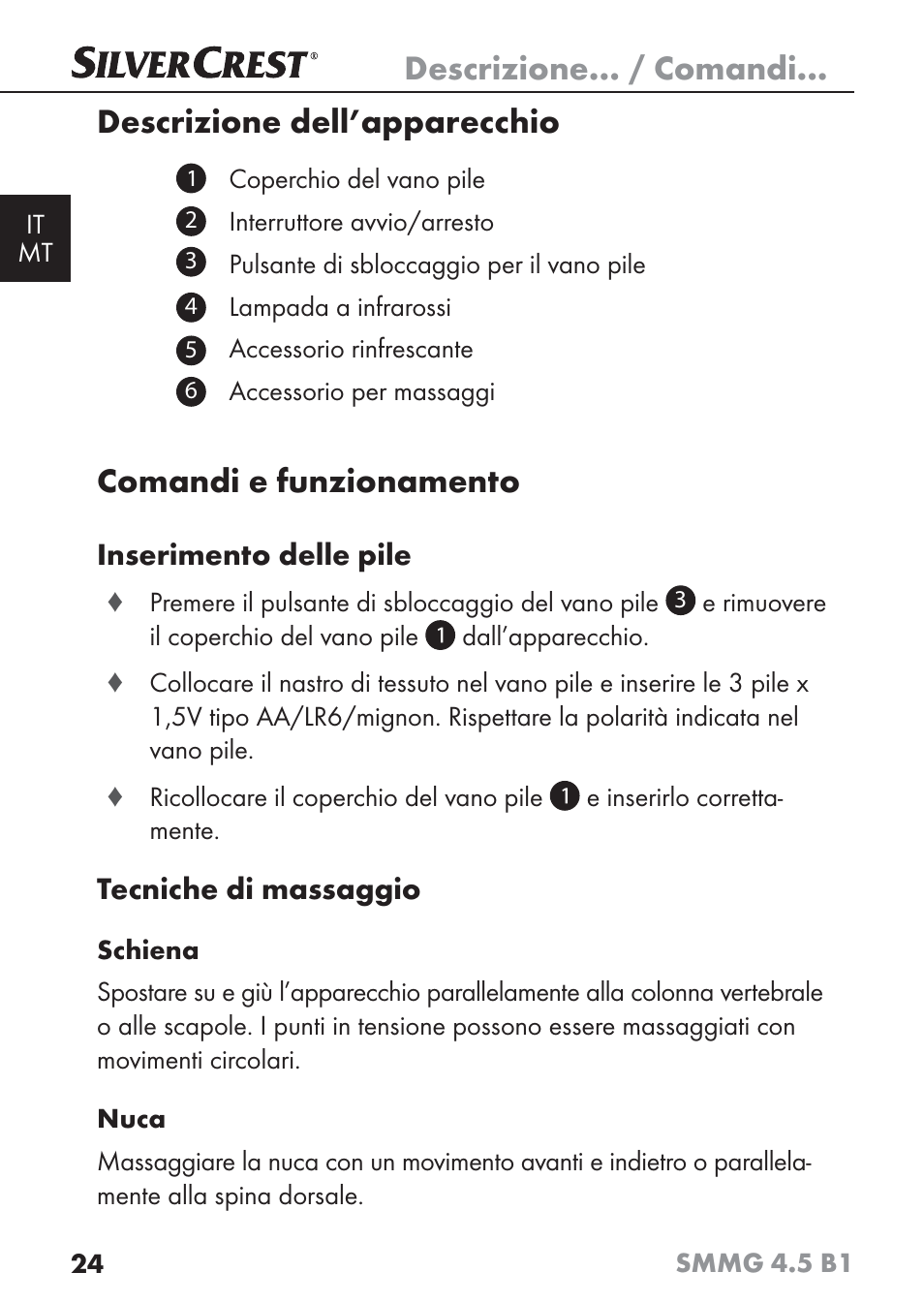 Descrizione... / comandi, Descrizione dell’apparecchio, Comandi e funzionamento | Silvercrest SMMG 4.5 B1 User Manual | Page 26 / 66