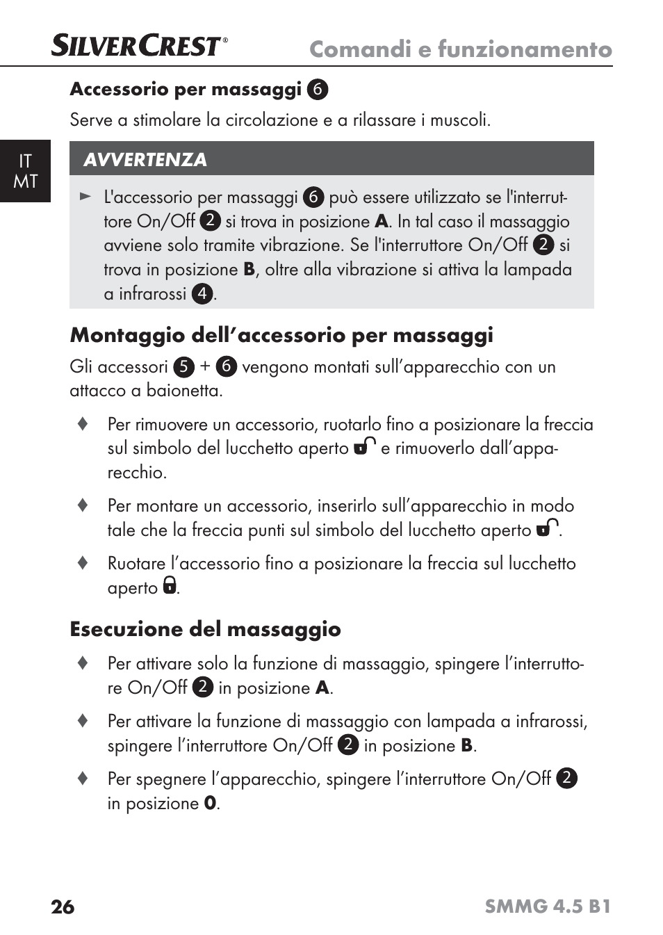 Comandi e funzionamento, Montaggio dell’accessorio per massaggi, Esecuzione del massaggio | Silvercrest SMMG 4.5 B1 User Manual | Page 28 / 66